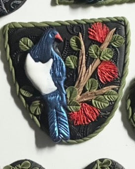 New Zealand Wood Pigeon (Kererū) & Pōhutukawa Flower Brooch – Handmade Polymer Clay