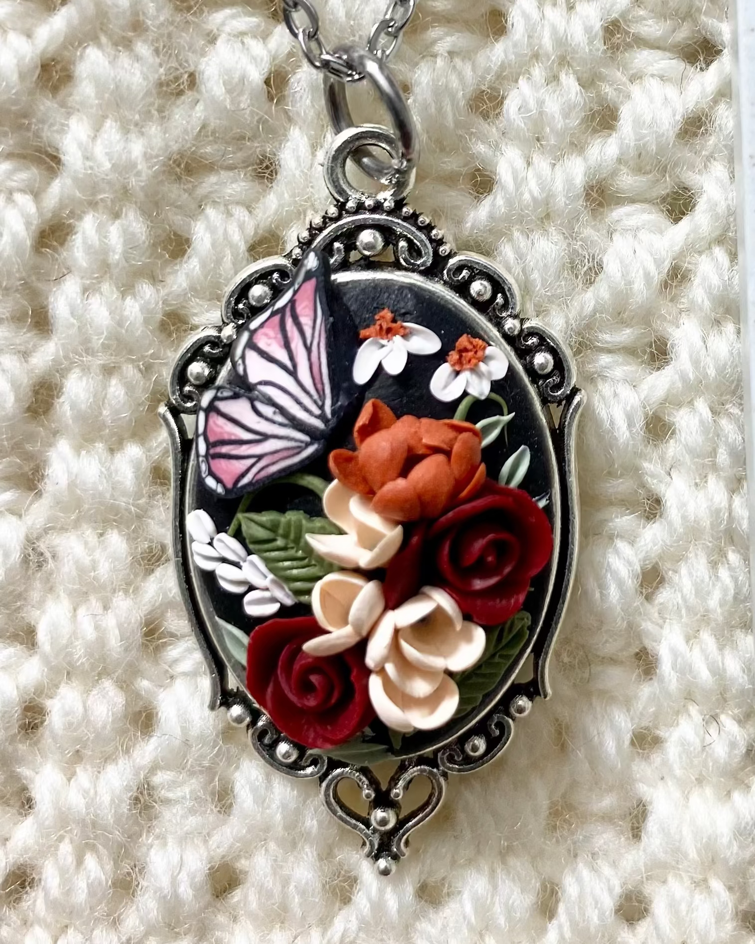Antique Pendant oval red butterfly