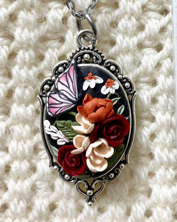 Antique Pendant oval red butterfly
